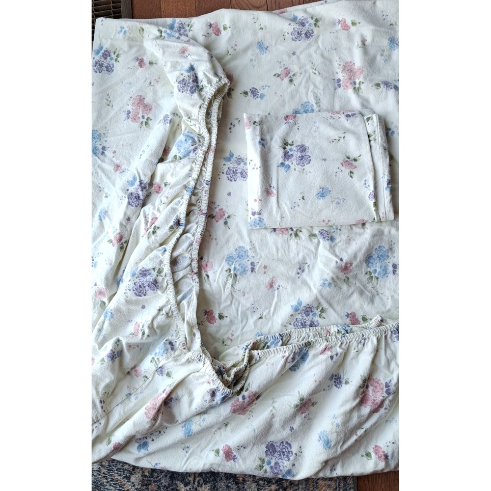 King 100% Cotton Flannel White Floral Fitted Bed Sheet Pillowcase Bedding Set